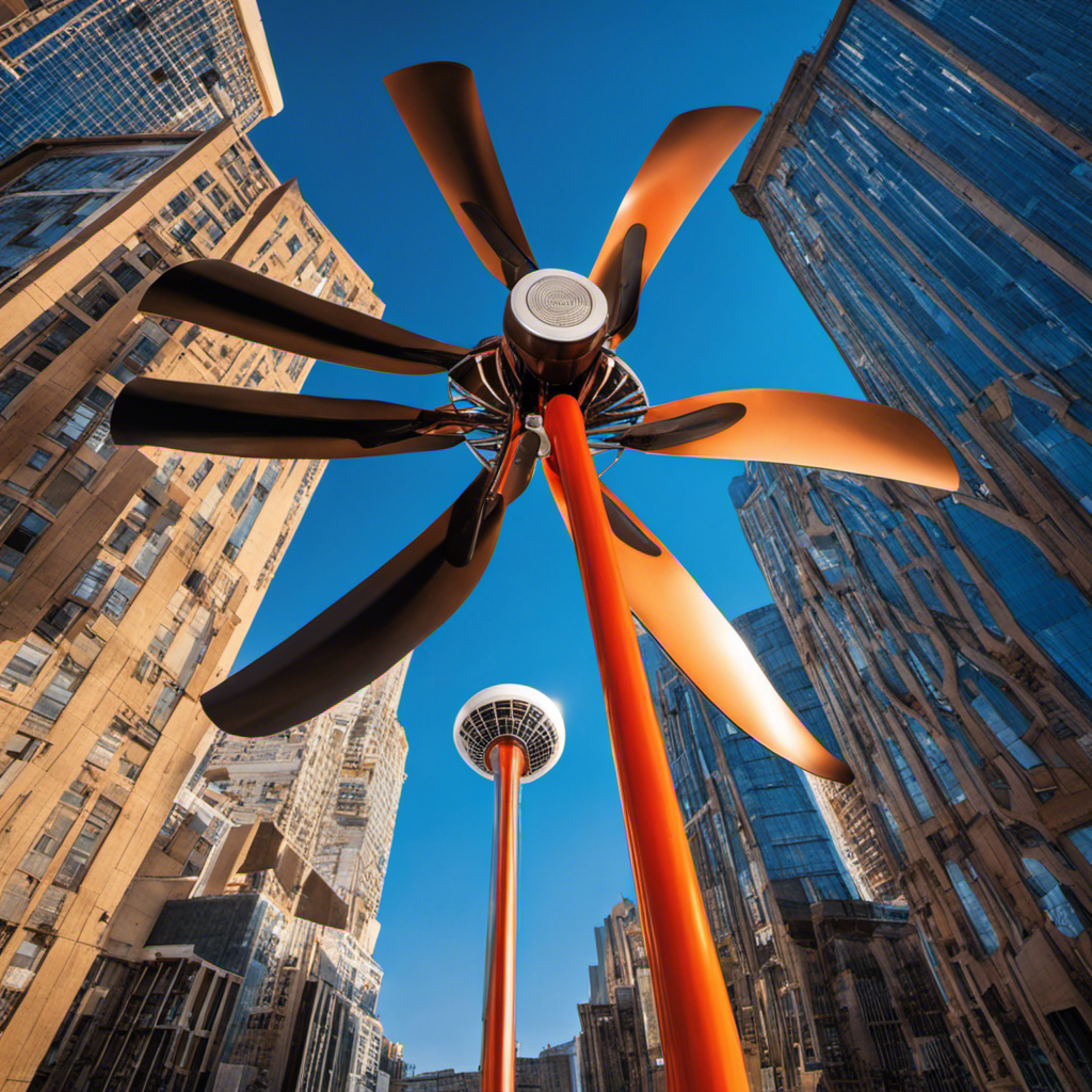 An image that showcases a massive solar-powered fan towering over a scorching cityscape, its sleek blades spinning effortlessly against a vivid blue sky, providing much-needed relief from the blistering summer heat