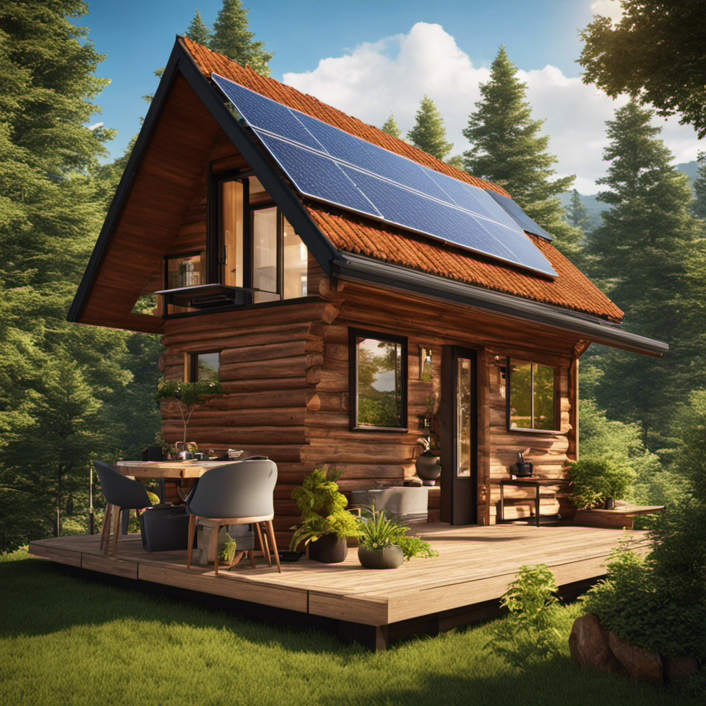 An image showcasing a cozy off-grid cabin nestled amidst lush greenery, with solar panels adorning its rooftop, harnessing the sun's energy