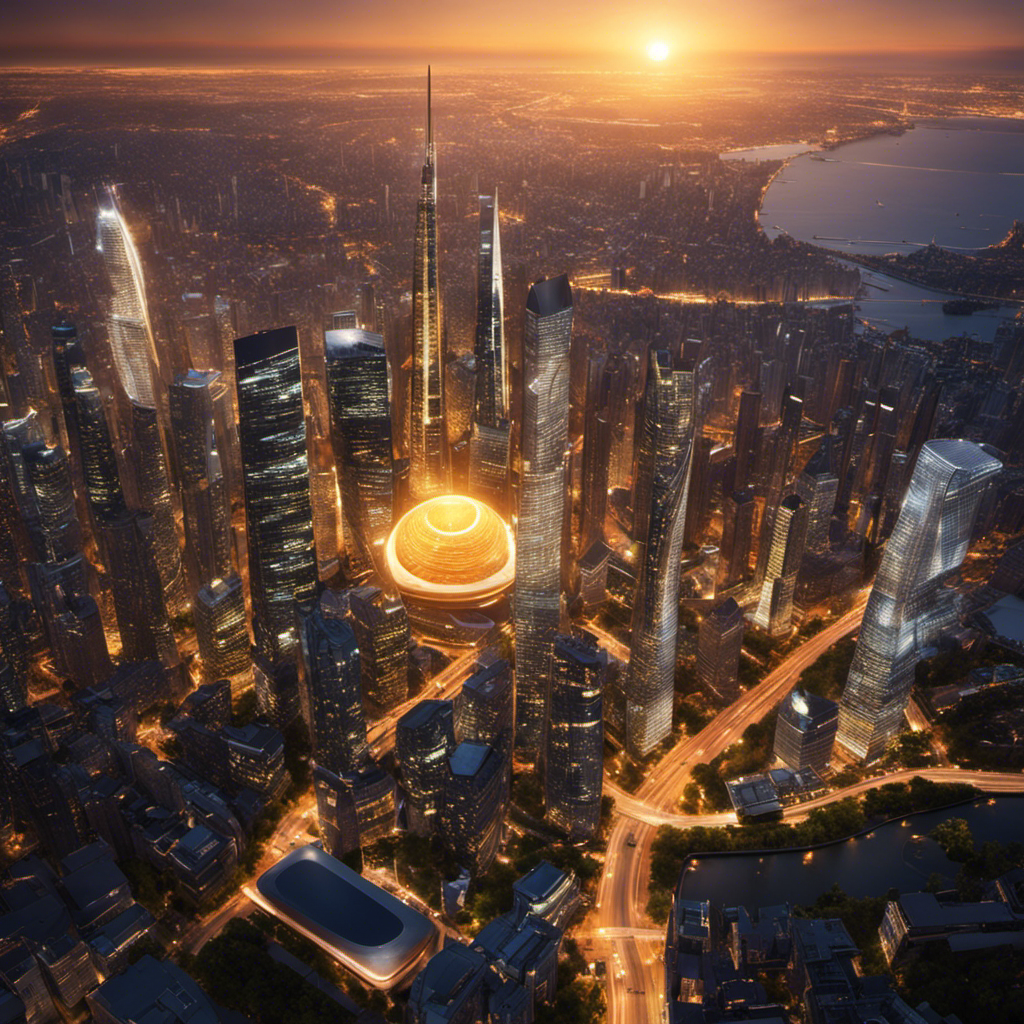 An image showcasing a modern city skyline with solar panels integrated seamlessly into buildings, casting a warm glow as sunlight is harnessed, emphasizing the role of solar power in sustainable urban development