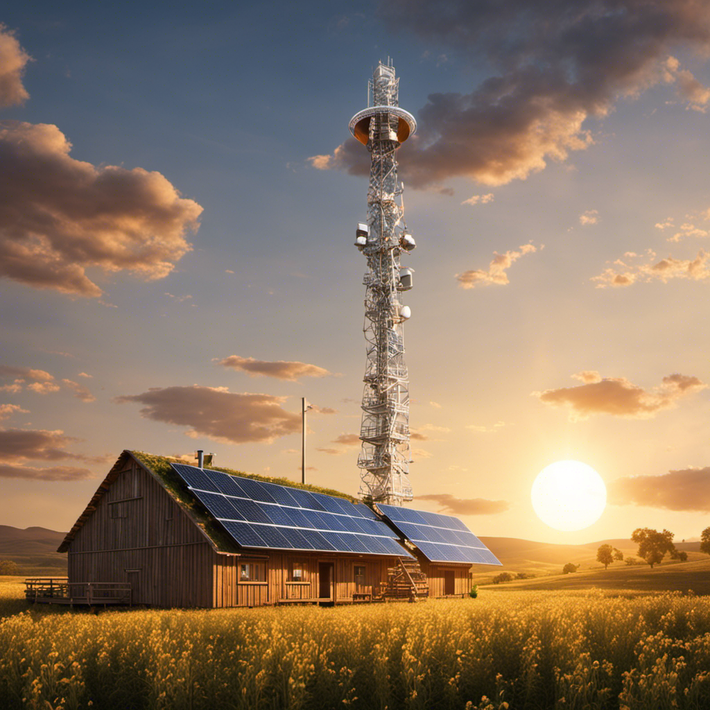 An image showcasing a remote rural area with a telecommunications tower adorned with solar panels, basking in the radiant sunlight