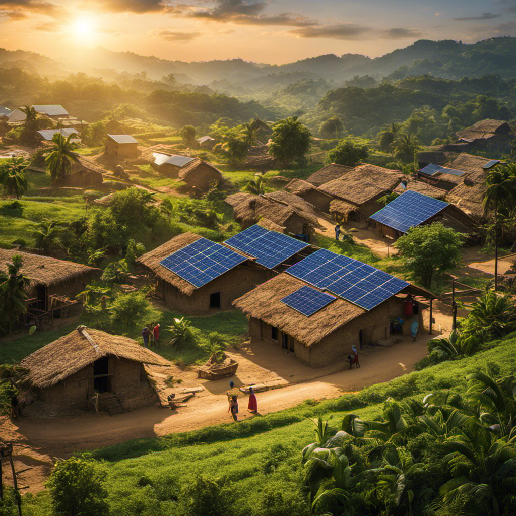 An image showcasing a rural village in a developing country, where solar panels glisten on rooftops, providing clean energy