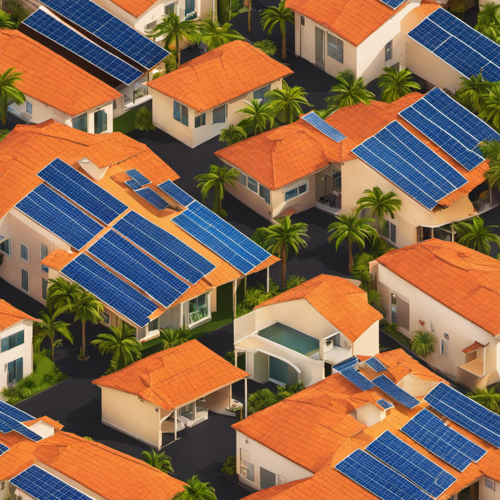 An image showcasing a sun-soaked Florida landscape with vibrant solar panels neatly aligned on rooftops, casting long shadows