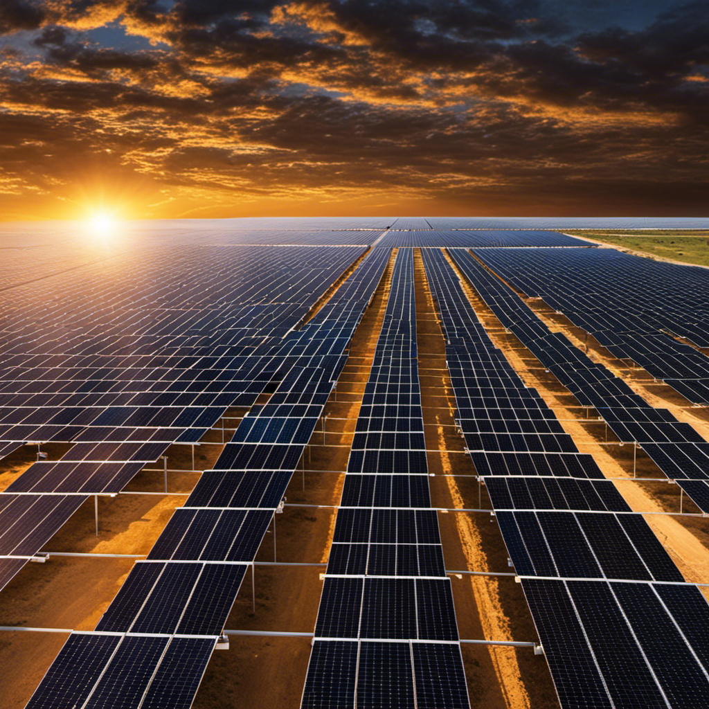 An image showcasing a vast Texan landscape, dotted with rows of gleaming solar panels stretching towards the horizon