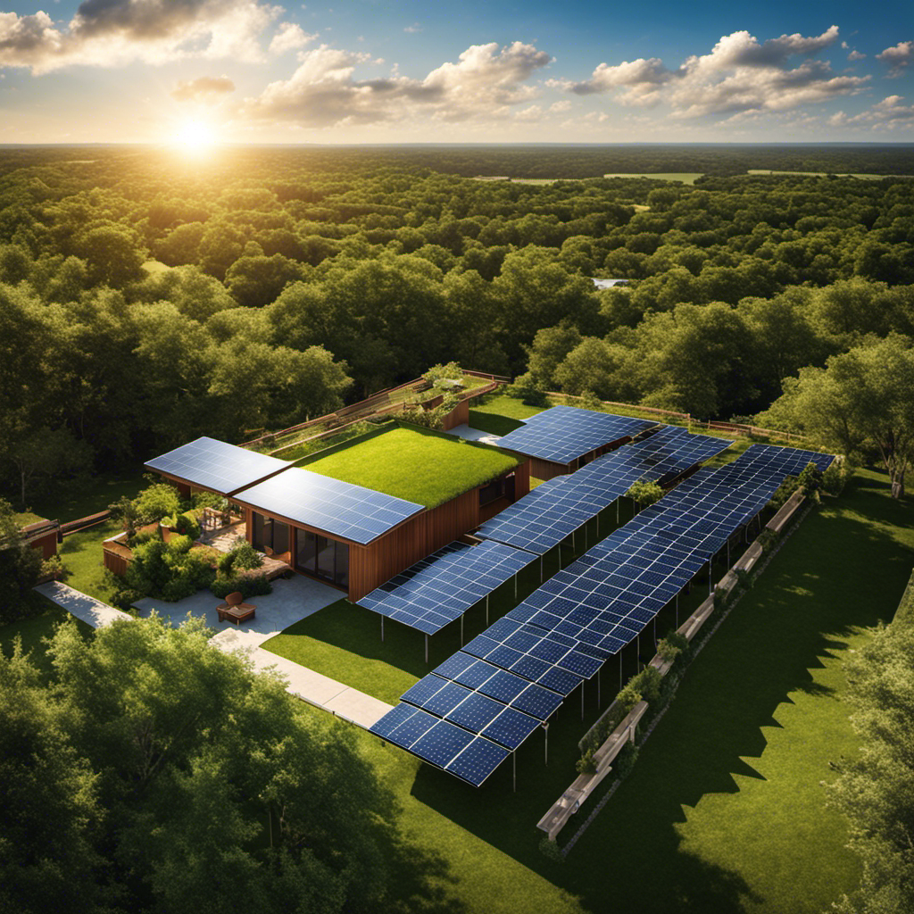 An image showcasing a Texas landscape with a vibrant solar panel array on a residential rooftop, surrounded by lush greenery