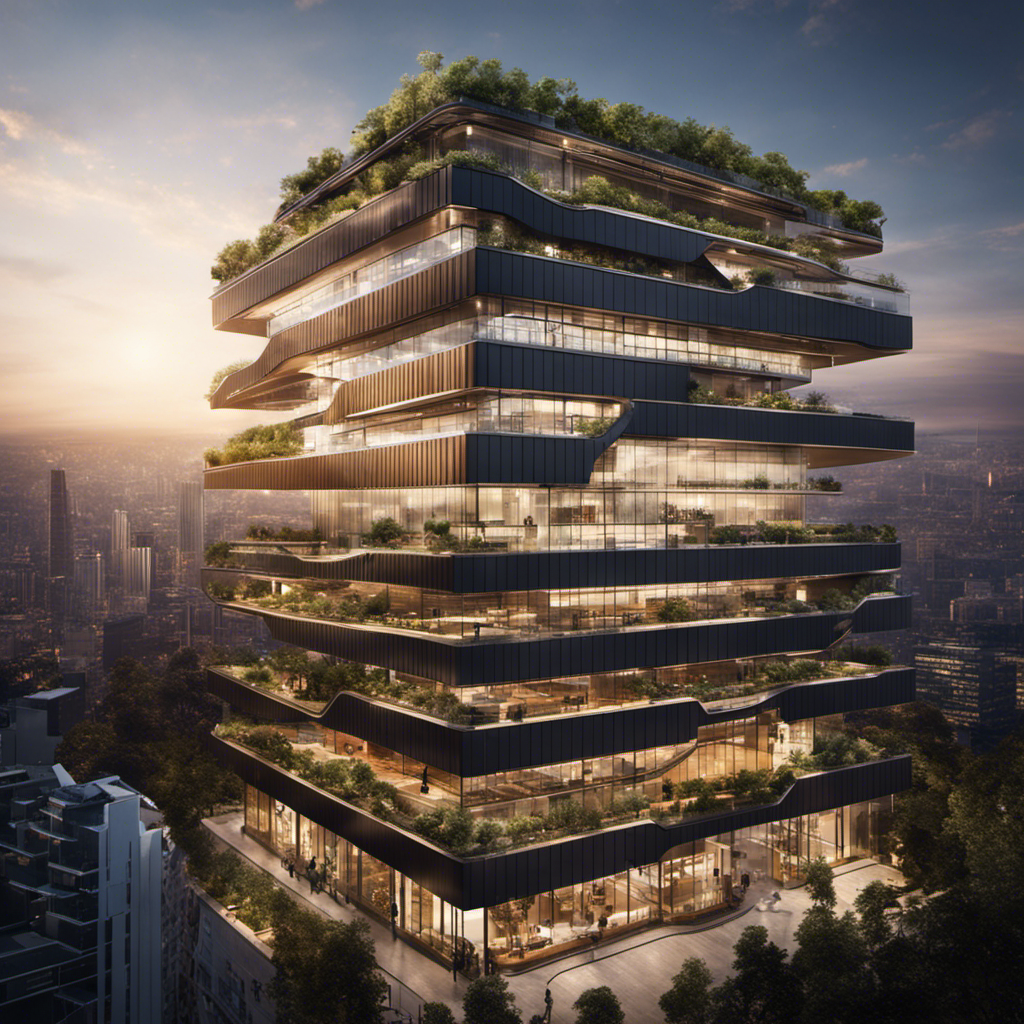 An image showcasing a multi-story urban building with sleek solar panels integrated seamlessly into its architecture, capturing the contrast between the bustling city below and the clean energy potential above