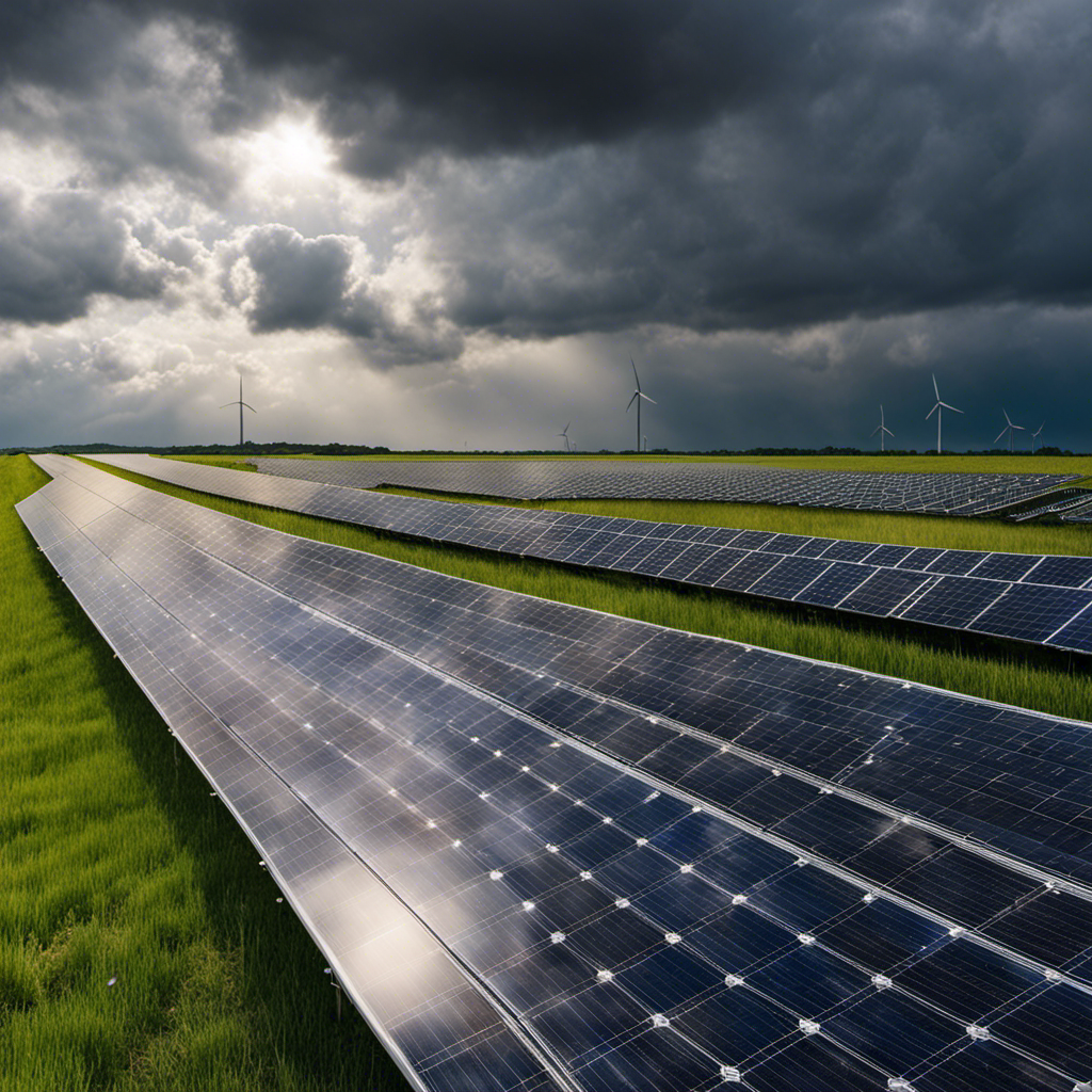 An image showcasing a gloomy sky with thick clouds, where a solar panel array is still effectively converting sunlight into electricity