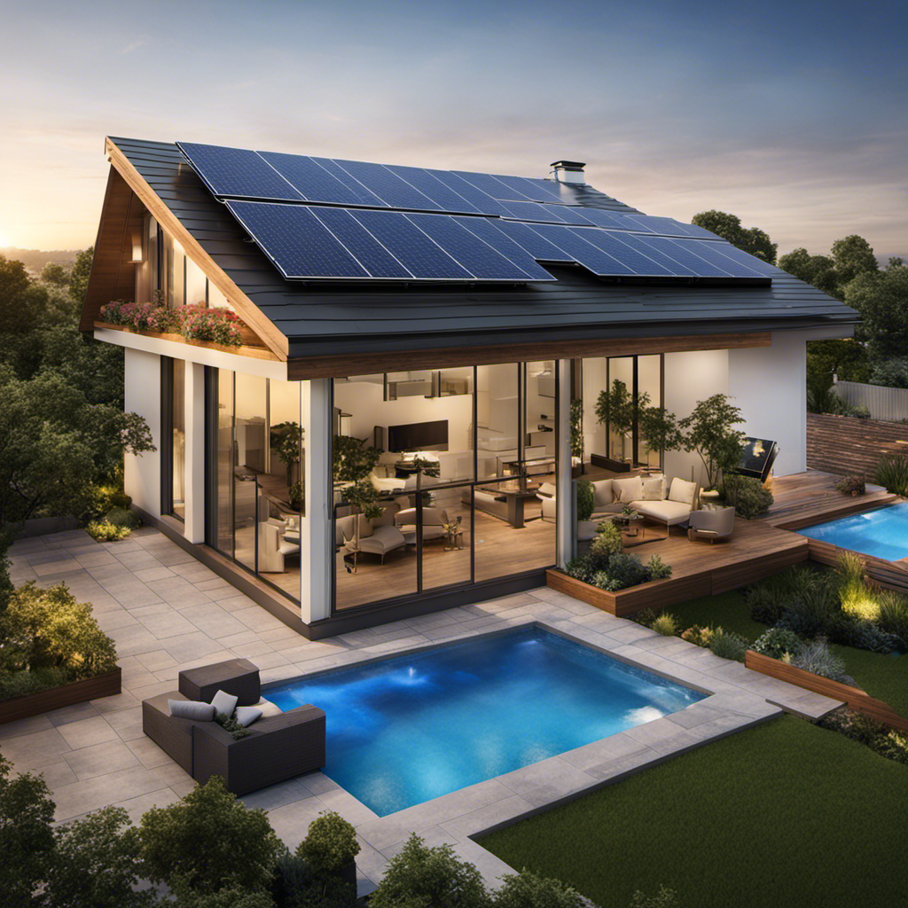 An image showcasing a residential rooftop with solar panels neatly aligned, absorbing the sun's radiant energy through photovoltaic cells, and converting it into electrical current, ready to power our homes