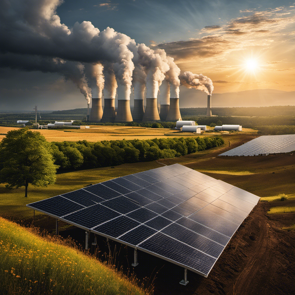 An image showcasing a serene landscape with a solar farm in the foreground, harnessing the sun's energy, while in the background, a coal power plant emits dark smoke, contrasting the environmental impacts of solar power and fossil fuels