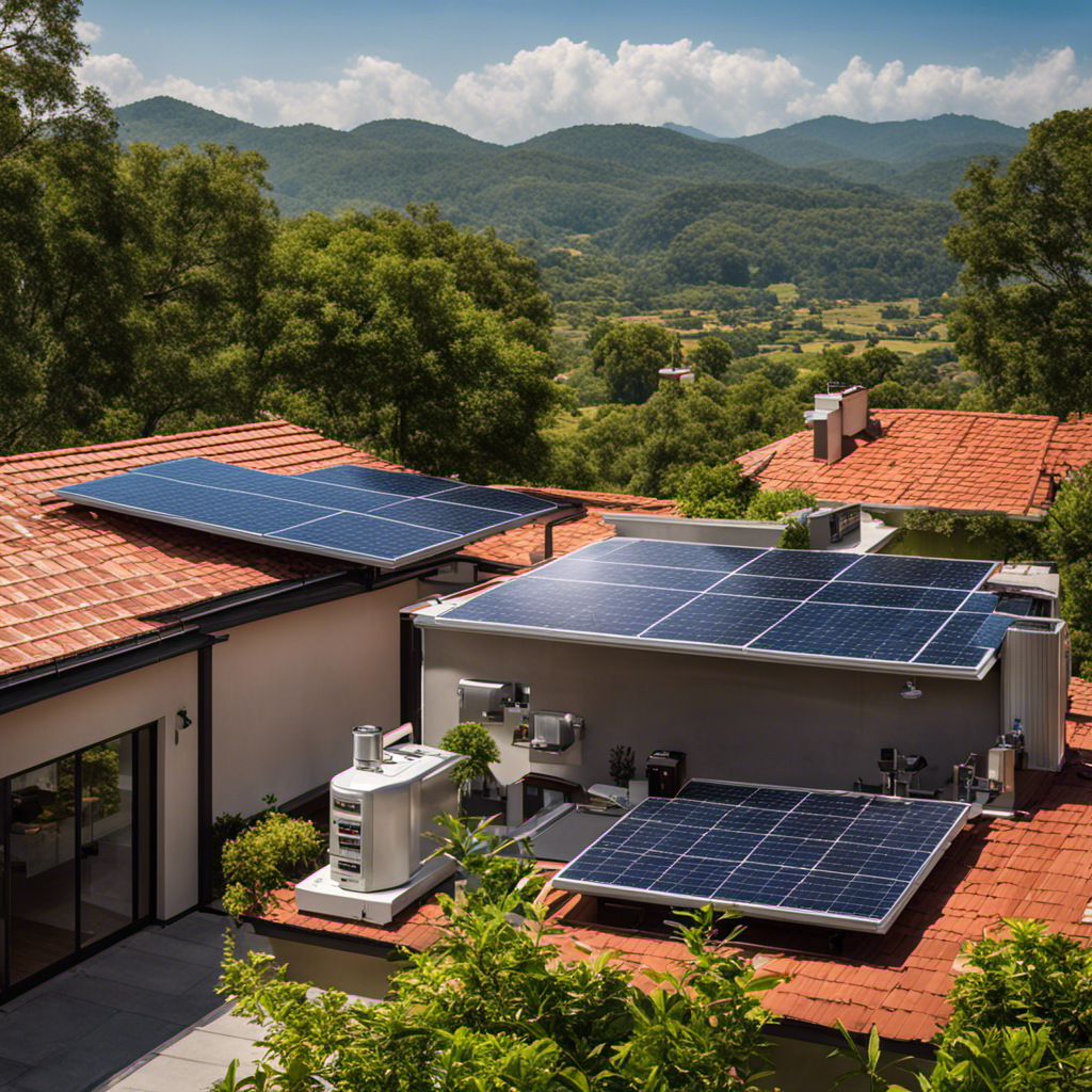 An image showcasing a residential rooftop adorned with solar panels, harnessing the sun's energy, juxtaposed with a traditional gas-powered generator, emphasizing the choice between sustainable solar power and conventional generators for homes