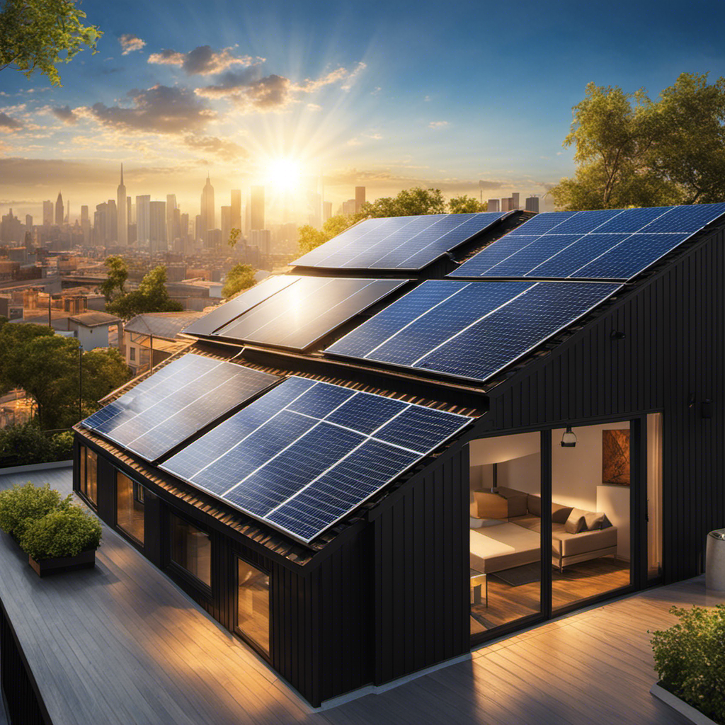 An image portraying a vibrant rooftop adorned with sleek, black solar panels, glistening under the bright sun