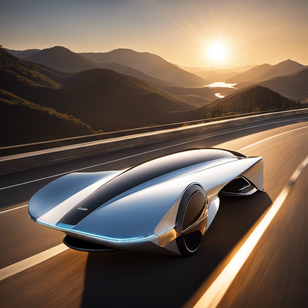 An image showcasing a sleek, solar-powered car gliding effortlessly along a sun-kissed highway, its panels glistening in the sunlight, highlighting its innovative features, superior performance, and remarkable achievements