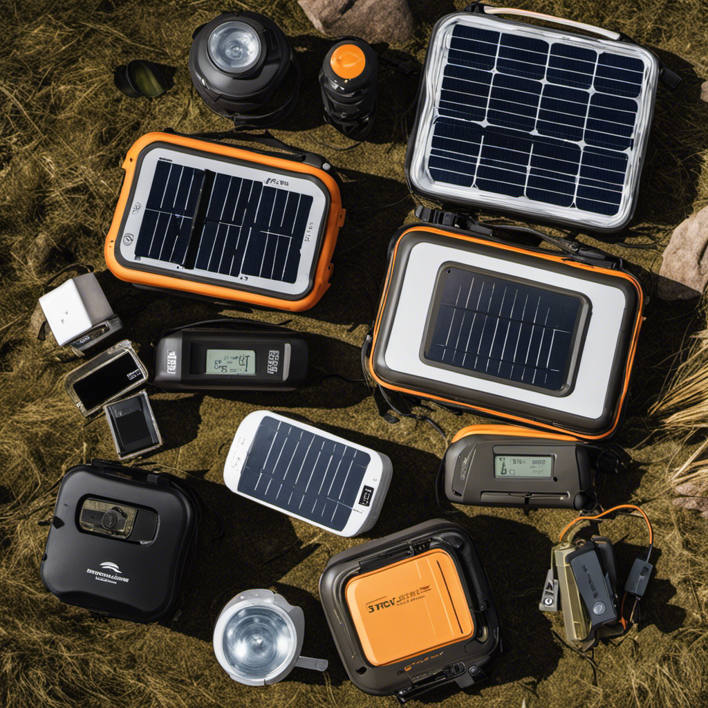 An image showcasing a diverse range of solar-powered devices, including portable chargers, radios, lanterns, and water purifiers, all neatly arranged on a table against a backdrop of a peaceful natural disaster-prone area