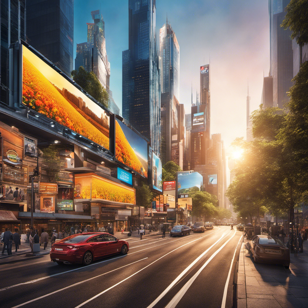 An image showcasing a vibrant cityscape with billboards and signage powered by solar panels, casting an eco-friendly glow