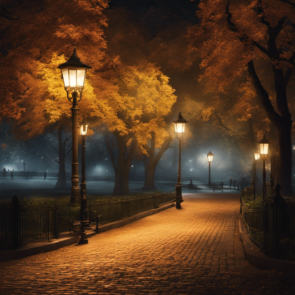 An image showcasing a well-lit park at night, with solar-powered lampposts casting a warm glow on a pathway