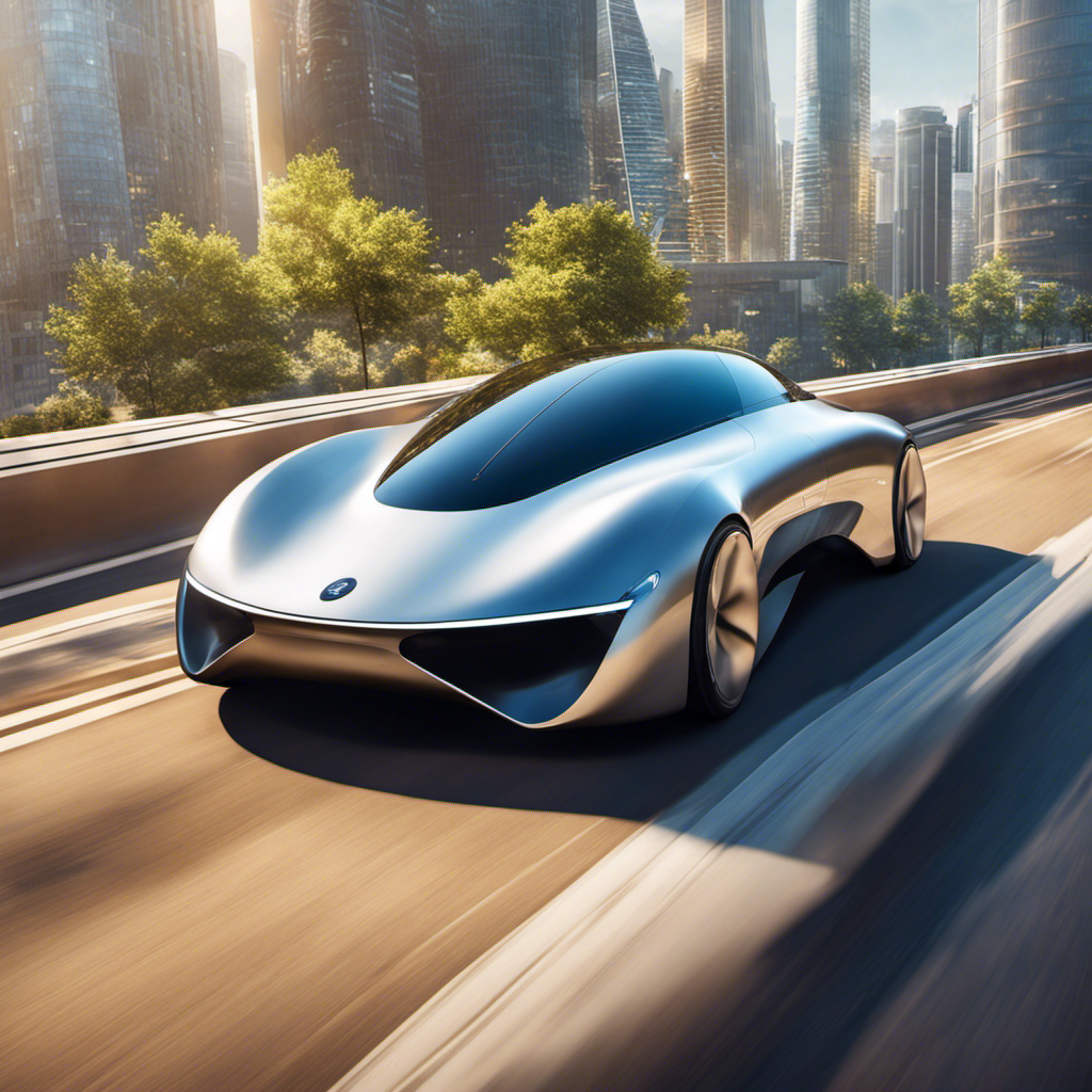 An image featuring a sleek, futuristic electric car gliding through a sun-soaked cityscape, seamlessly charging itself with solar panels on its roof, showcasing the potential of solar-powered transportation for sustainable mobility