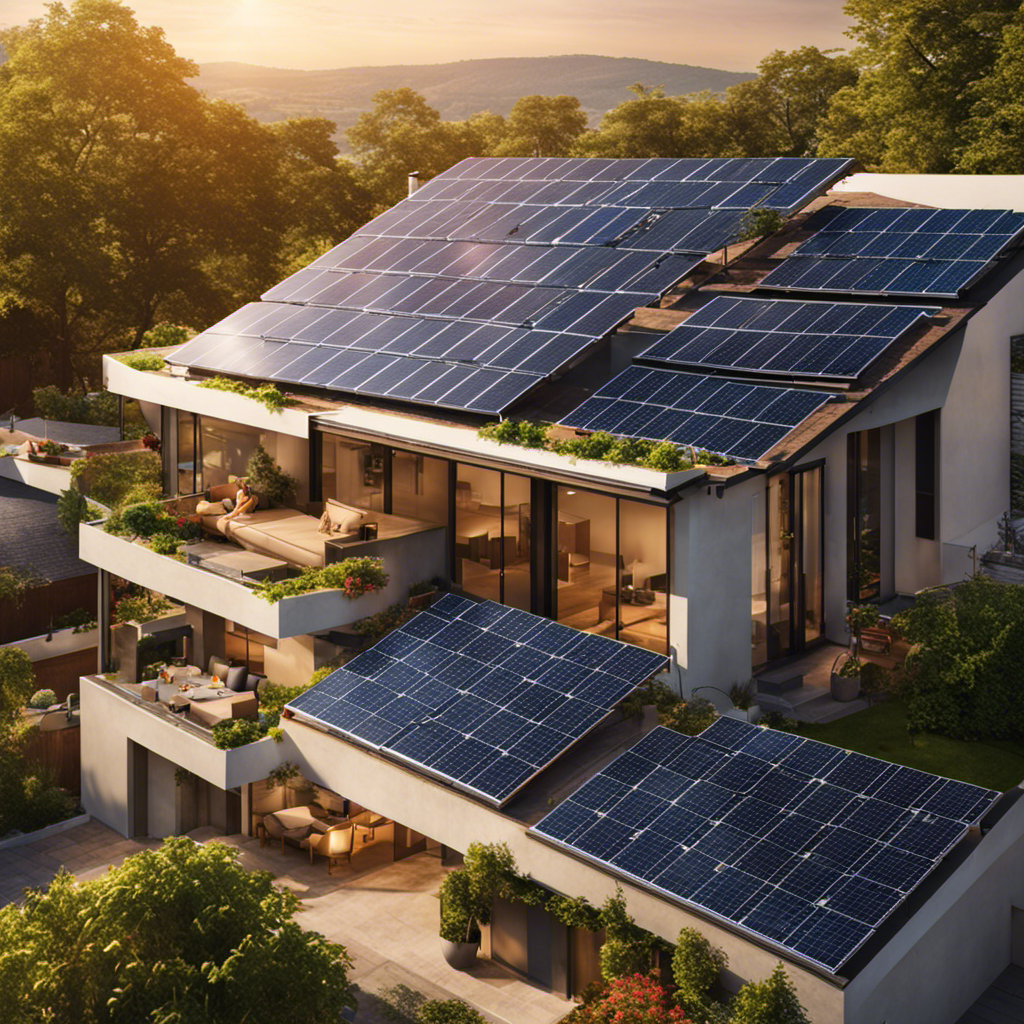 An image showcasing a rooftop adorned with gleaming solar panels, basking under the golden rays of the sun