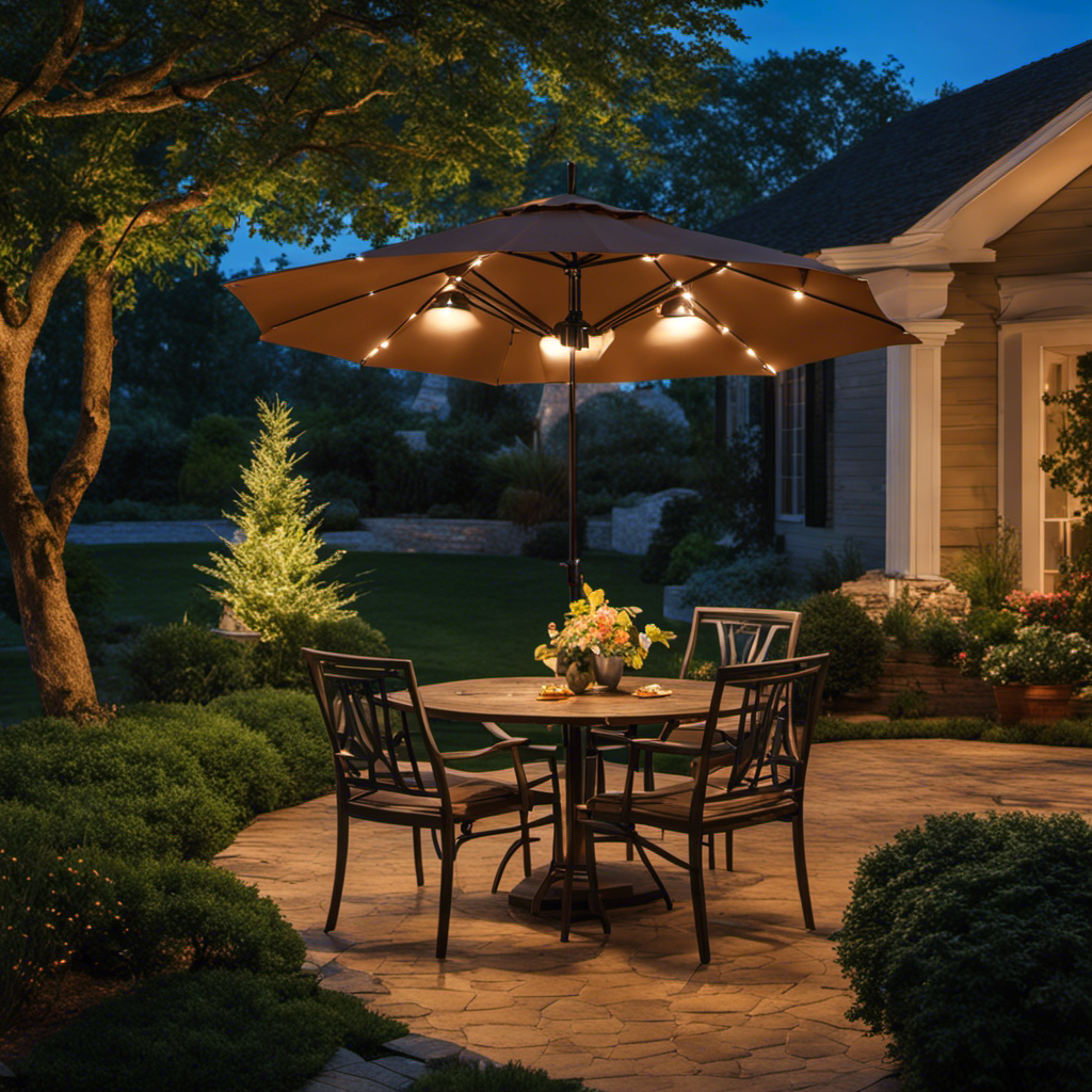An image capturing a serene backyard scene at dusk, featuring a Solar Umbrella casting a warm glow over a cozy outdoor seating area