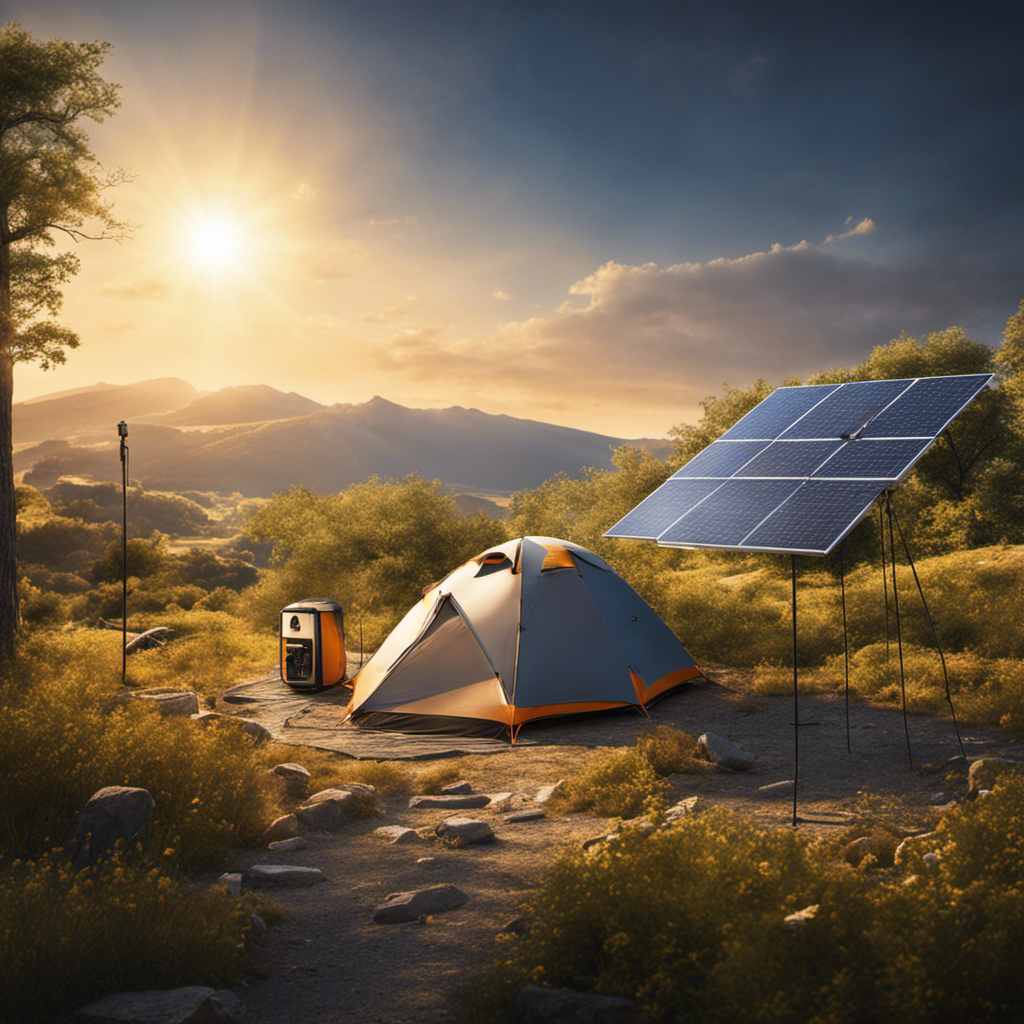 An image showcasing a serene campsite with a solar panel gracefully absorbing sunlight, contrasting against a gas generator emitting fumes