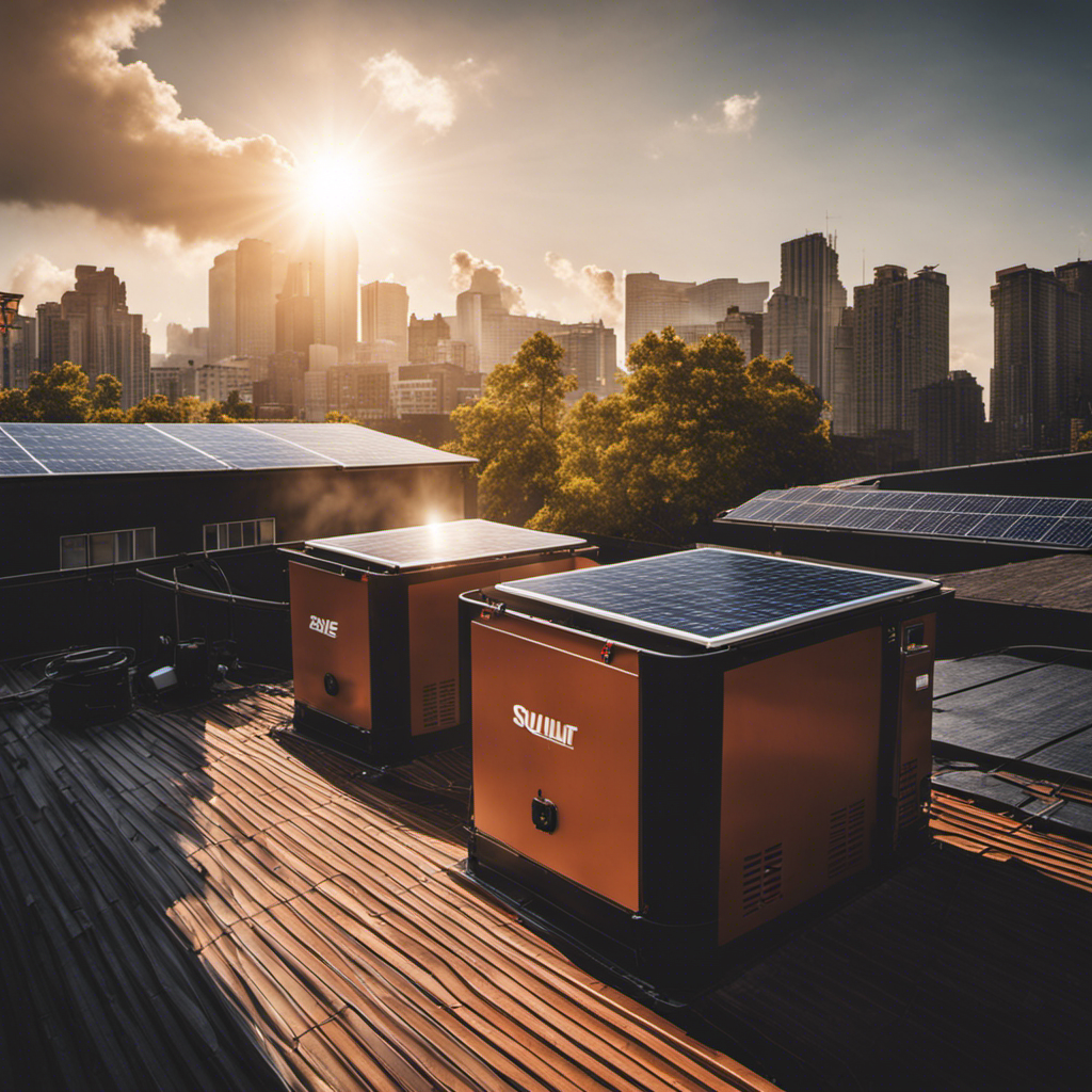 an image of a sunlit rooftop with solar panels gleaming, juxtaposed with a traditional generator in the background emitting smoke and noise