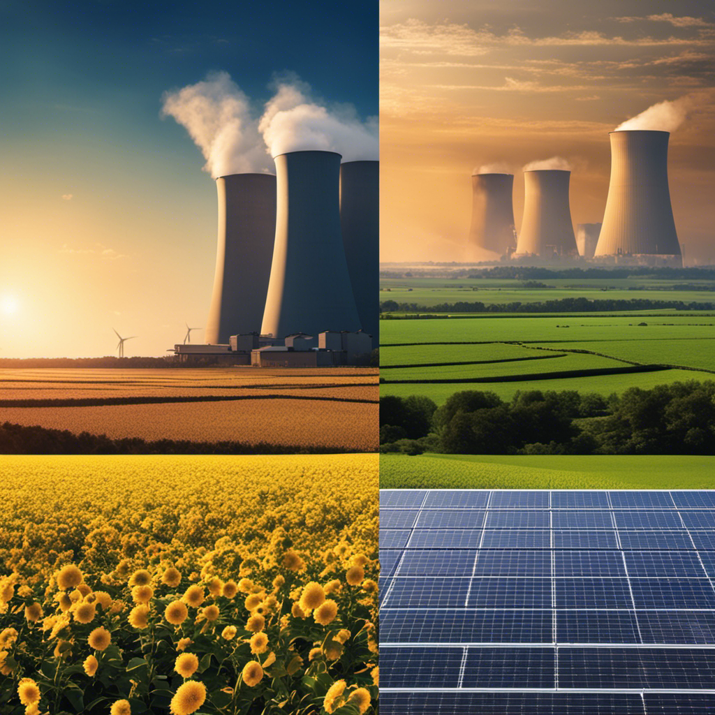 An image featuring two contrasting landscapes: on the left, vast solar panel fields stretching towards the horizon, emitting clean energy; on the right, a nuclear power plant with cooling towers releasing steam, highlighting the trade-offs between solar and nuclear energy