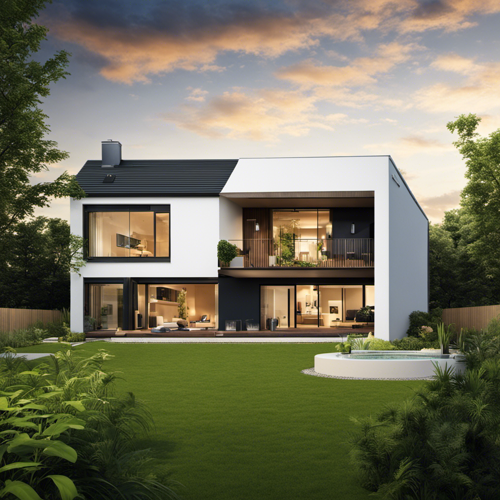 An image showcasing a modern, energy-efficient home with a biomass boiler as its focal point