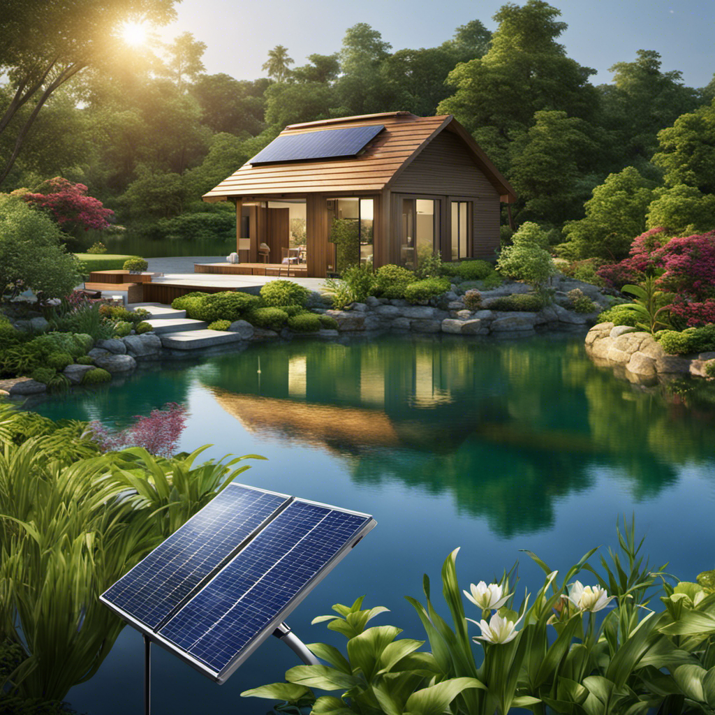 An image showcasing a serene lake surrounded by lush greenery, with a solar-powered pump gently drawing water