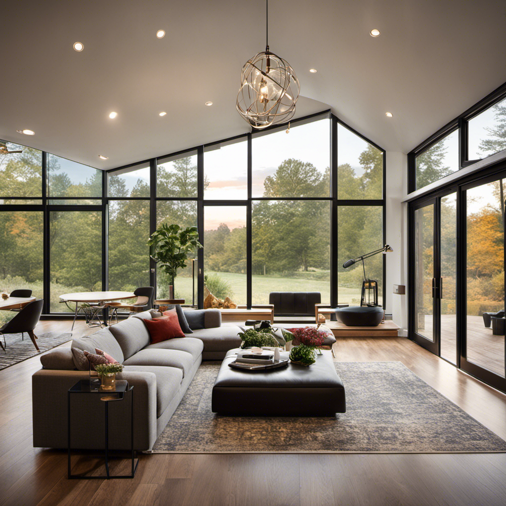 An image showcasing a cozy living room with modern renovations, such as energy-efficient windows, solar panels on the roof, and a stylish fireplace