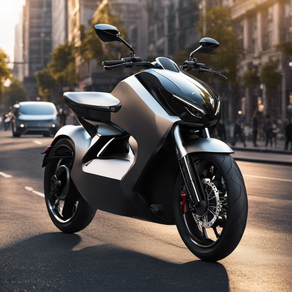 An image showcasing a sleek, futuristic electric motorbike zooming effortlessly through city traffic, with zero emissions