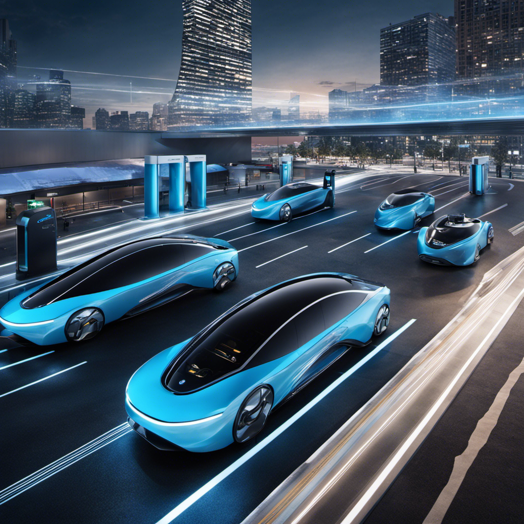 An image showcasing a bustling city with sleek hydrogen fuel cell cars silently gliding down the streets, futuristic hydrogen refueling stations seamlessly integrated into the urban landscape, and a clear blue sky symbolizing the clean and limitless potential of this technology