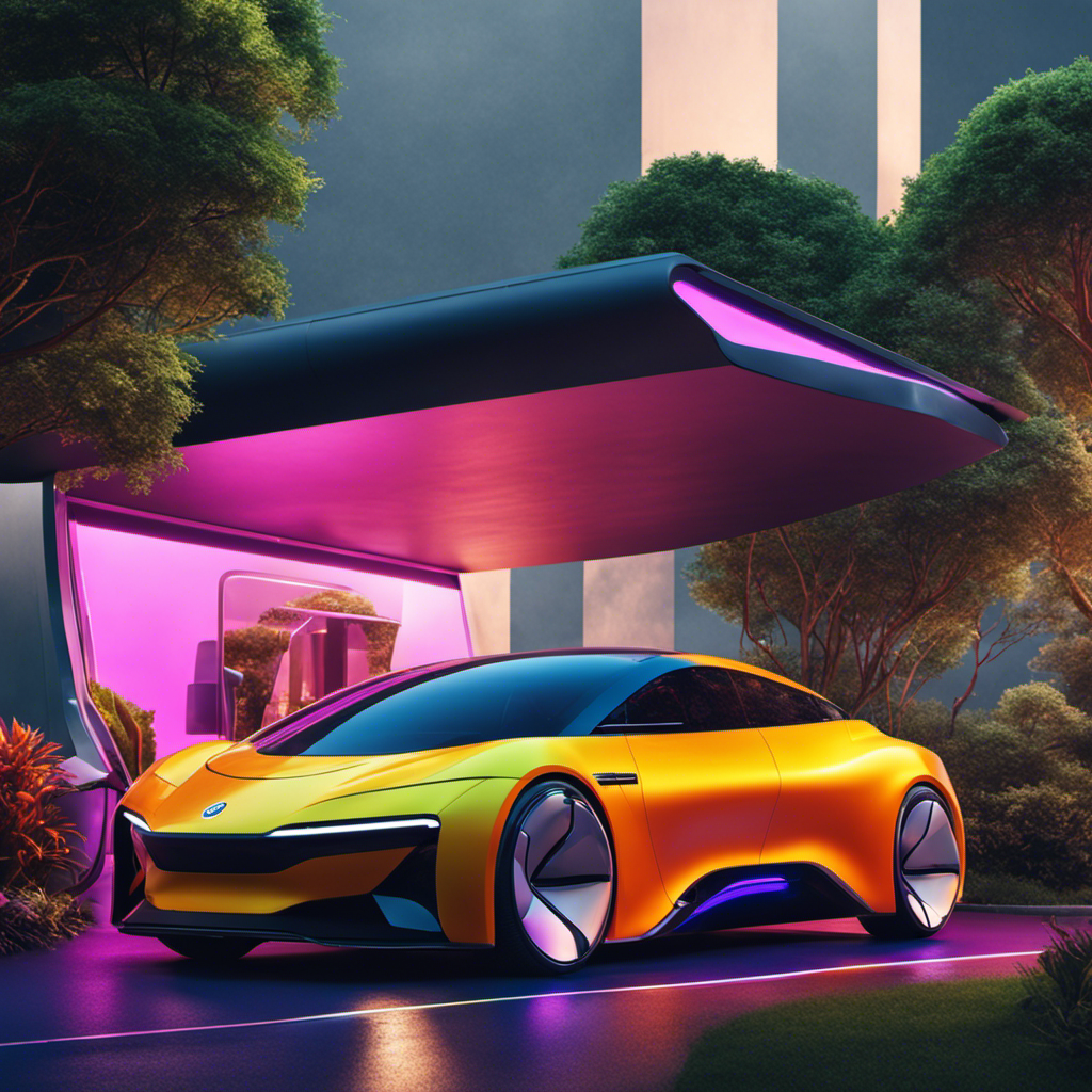 An image showcasing a sleek, futuristic electric car parked next to a charging station, surrounded by lush greenery
