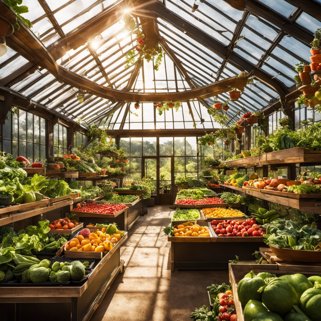 An image of a bustling solar-powered greenhouse, teeming with vibrant fruits and vegetables