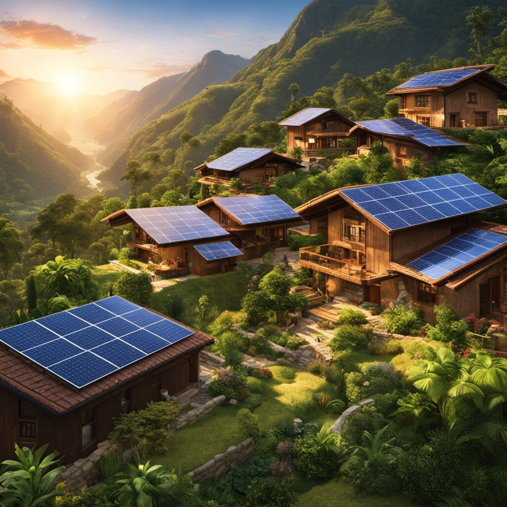 An image showcasing a picturesque remote village nestled amidst lush mountains, with solar panels seamlessly integrated into every rooftop
