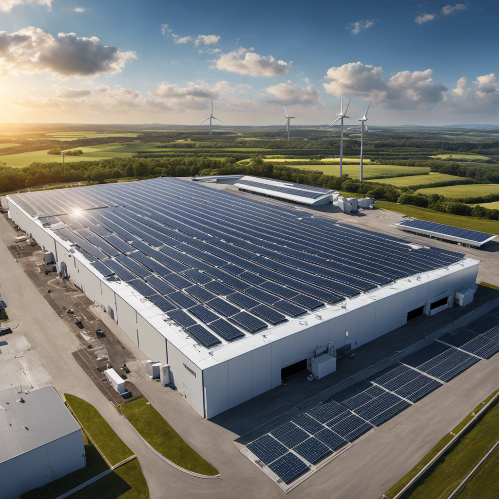 An image showcasing a manufacturing facility with a large rooftop covered in solar panels, harnessing clean energy from the sun to power the production process
