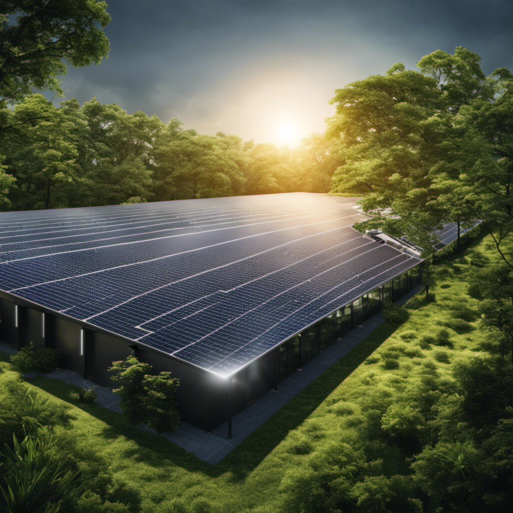 An image of a modern data center, nestled amidst lush greenery, with a vast expanse of solar panels glistening under the sun