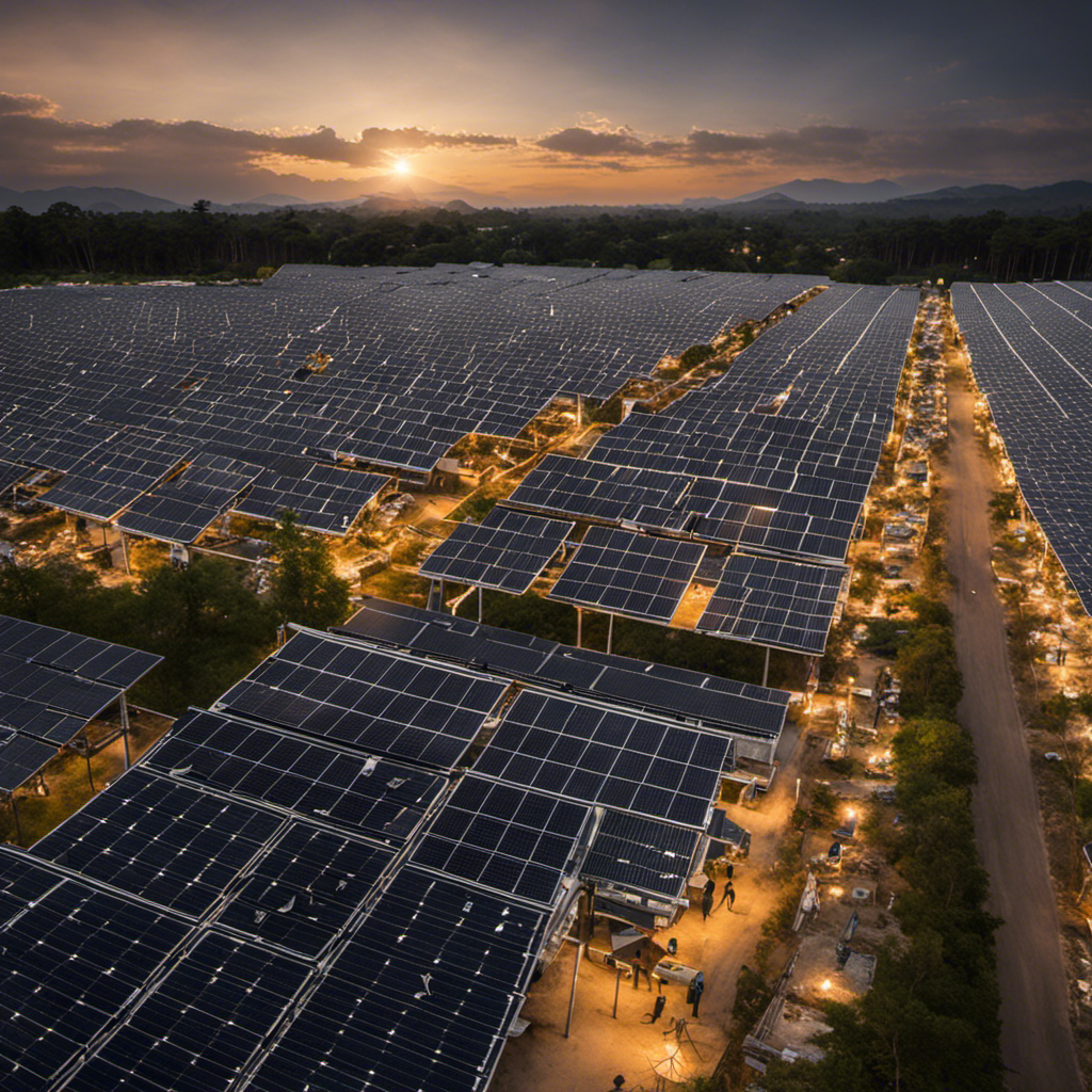 An image showcasing a devastated disaster-stricken area transformed by the presence of solar panels, with power being restored to hospitals, shelters, and communication devices, highlighting the crucial role of solar power in disaster relief efforts