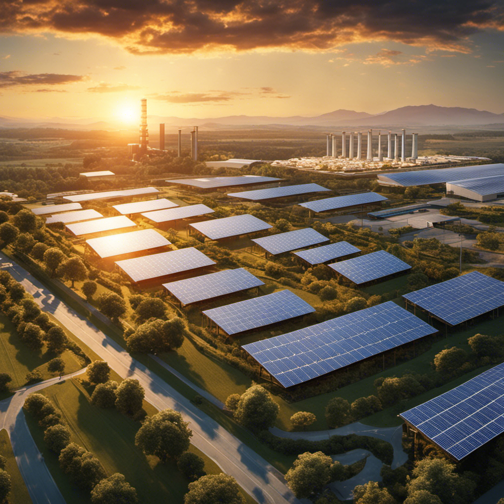 An image showcasing a sprawling industrial complex bathed in the warm glow of solar panels, harnessing the sun's energy to power heavy machinery and reducing carbon emissions