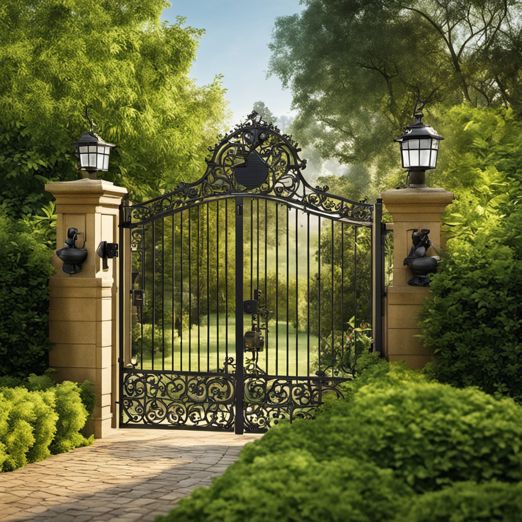 An image showcasing a lush green garden with a grand entrance gate, bathed in soft sunlight