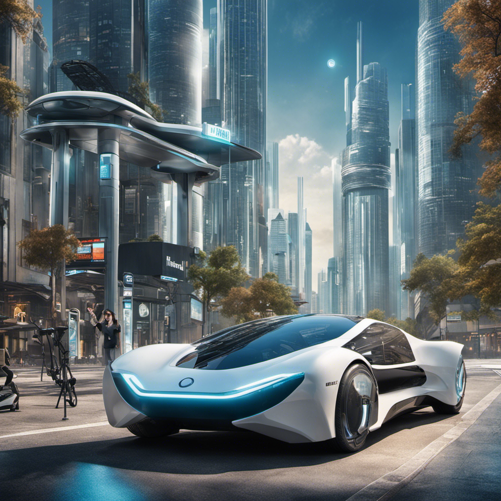 An image depicting a futuristic cityscape with hydrogen fuel cell-powered vehicles dominating the streets, juxtaposed with a deserted gas station, emphasizing the challenges and prospects of hydrogen fuel cells