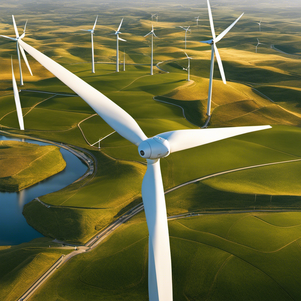 An image showcasing a vast landscape dotted with sleek wind turbines, their rotating blades slicing through the air, while an electric grid connects them, symbolizing the economic prosperity and sustainability brought by wind energy