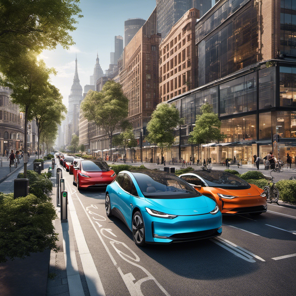 An image showcasing a bustling city street, with a diverse range of electric vehicles filling the roads