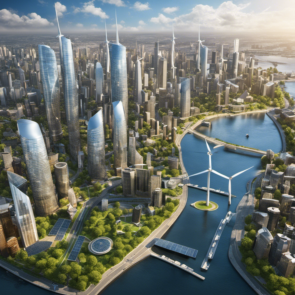 An image showcasing a bustling city skyline, with vibrant wind turbines and solar panels integrated seamlessly into the urban landscape