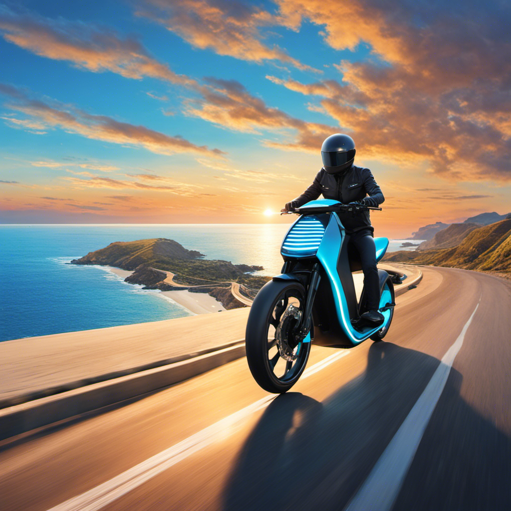 An image showcasing a sleek, futuristic electric bike gliding effortlessly along a scenic coastal road, its rider cruising at high speed while surrounded by a backdrop of vibrant blue skies and sparkling ocean waves