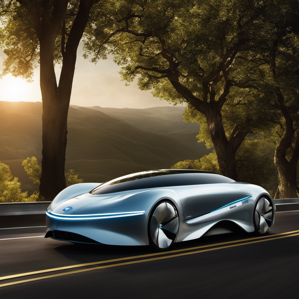 An image showcasing an advanced hydrogen fuel cell system: a sleek, futuristic automobile gliding effortlessly along a scenic road, emitting nothing but pure water vapor from its tailpipe, symbolizing the enduring power and sustainability of hydrogen fuel cells