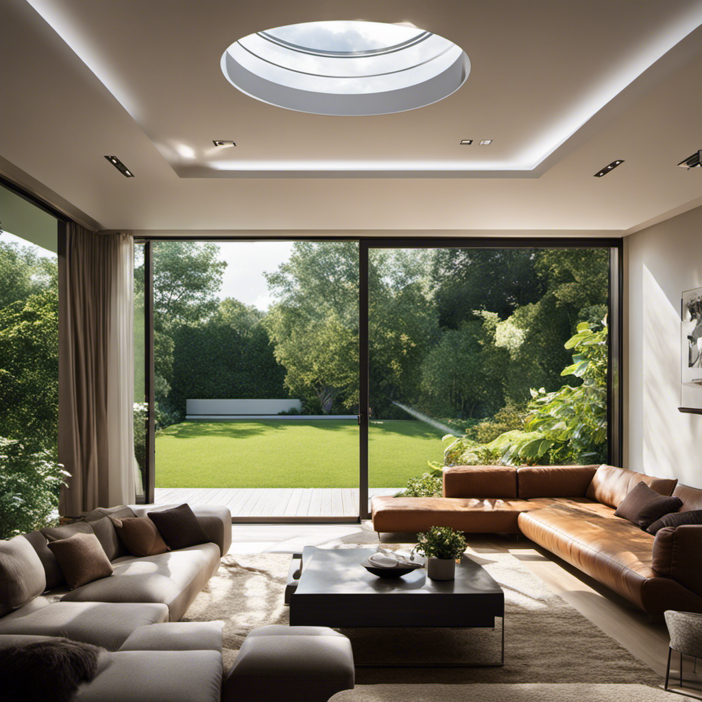 An image of a contemporary living room with an open window overlooking a lush garden, where a whole-house fan is mounted on the ceiling