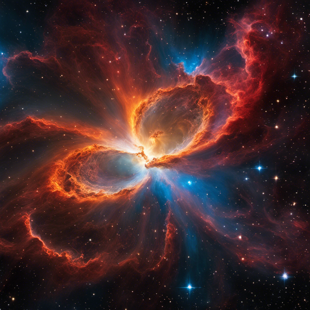 An image displaying a vibrant, swirling nebula of gas and dust, with a massive protostar at its center radiating intense heat and light