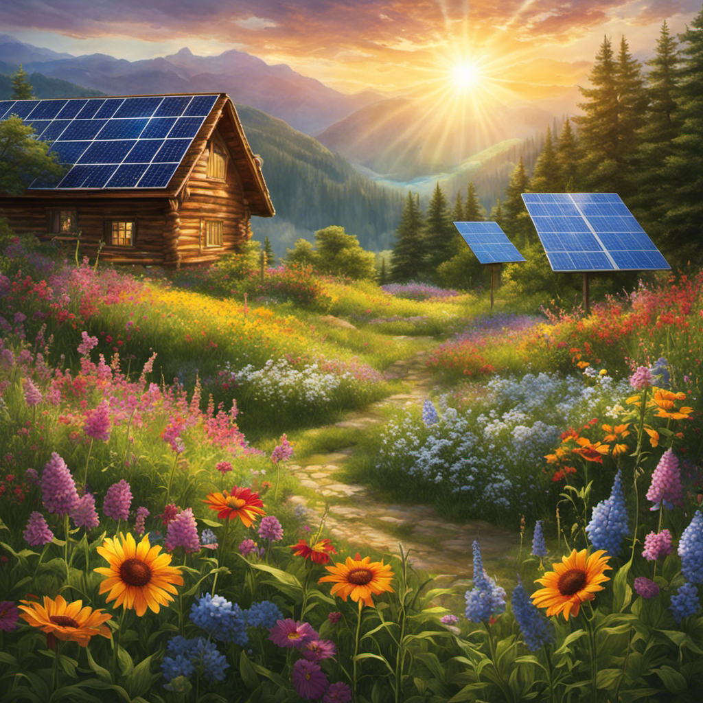 An image that showcases a vibrant meadow, with colorful wildflowers swaying in the gentle breeze, while a solar panel array glistens under the sun's rays, harmoniously contributing to a clean and sustainable environment