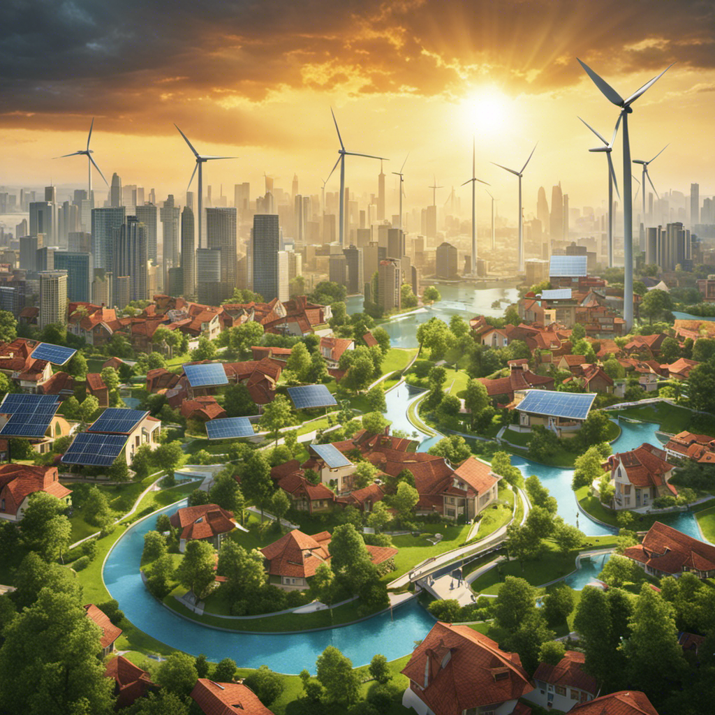 An image of a vibrant, green cityscape with solar panels adorning rooftops, wind turbines spinning gracefully, and a bustling community engaged in sustainable practices, showcasing the interconnected benefits of energy efficiency and solar power