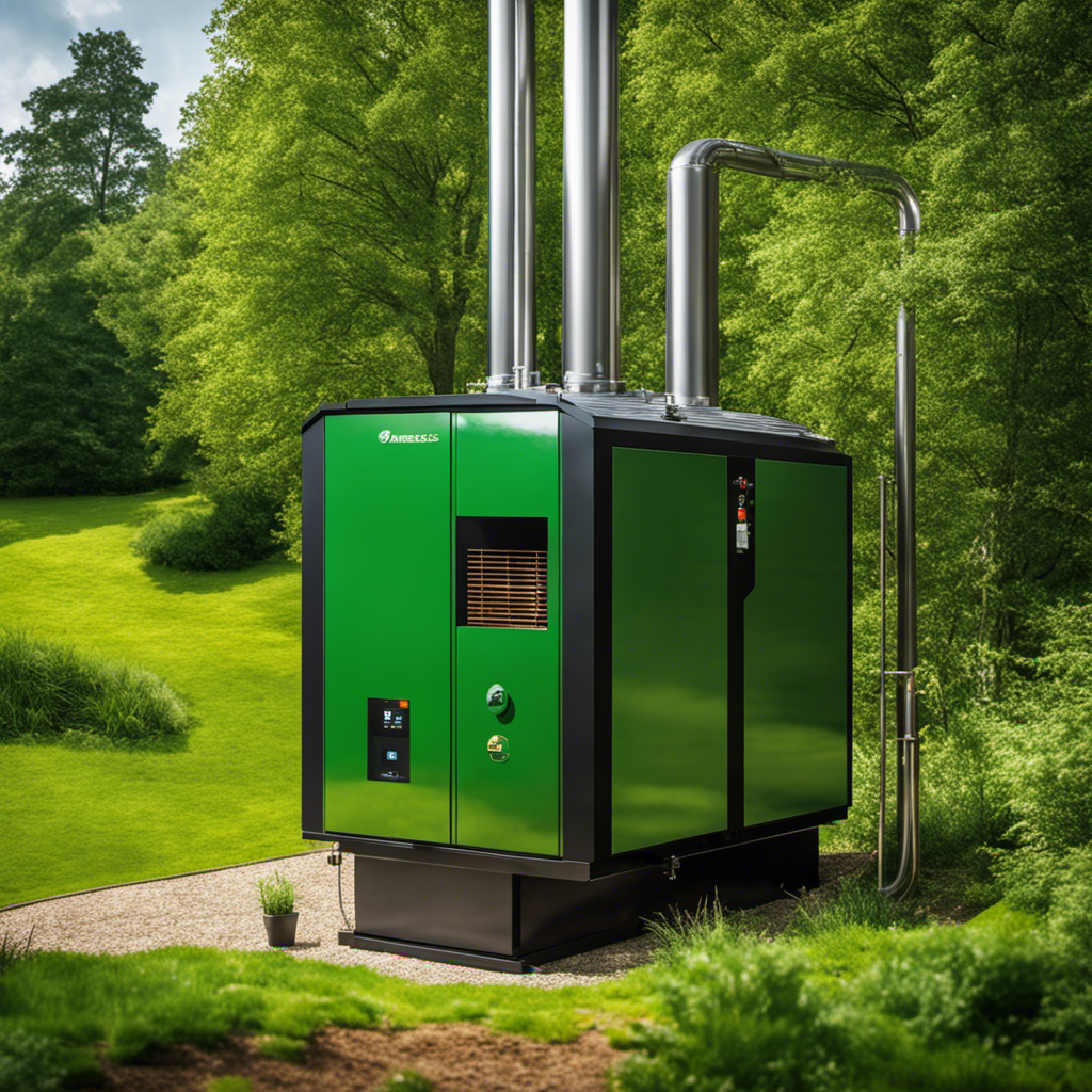 An image showcasing a modern biomass boiler system nestled in a lush green landscape, emitting only clean and odorless steam
