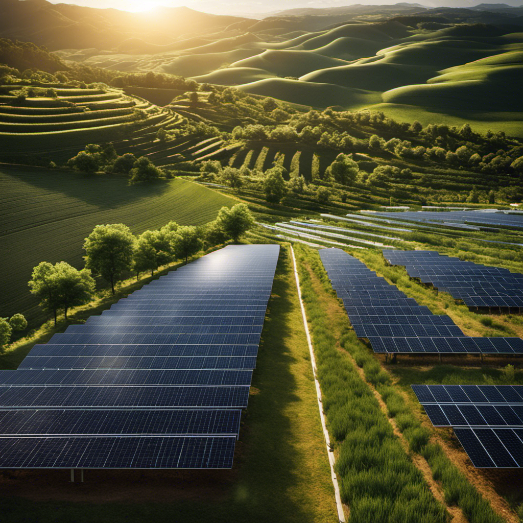 An image that showcases a stunning solar farm with rows of glistening solar panels stretching across a vast landscape, surrounded by lush greenery, illustrating the harmonious integration of renewable energy into the environment