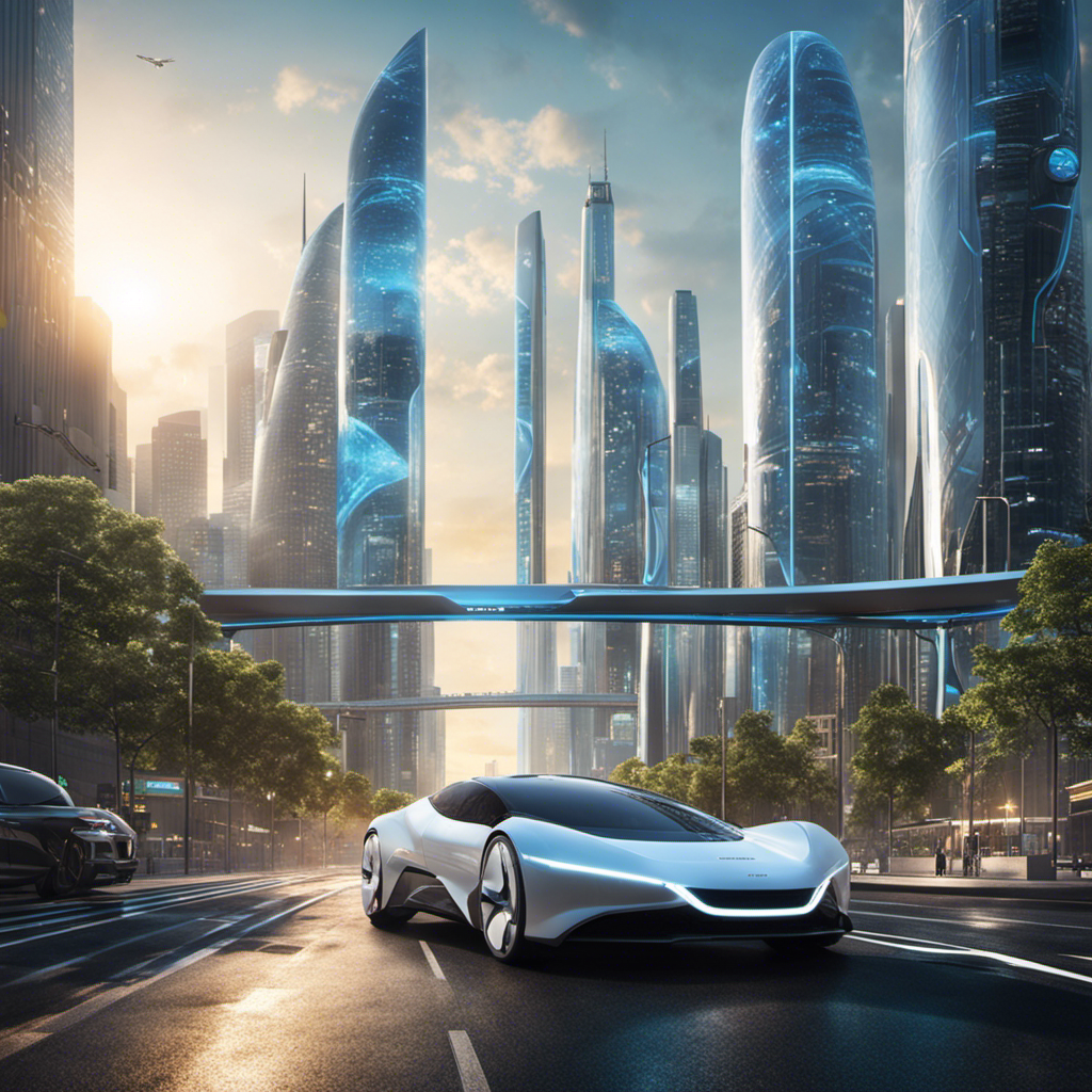An image featuring a bustling city skyline with sleek hydrogen-powered cars gliding effortlessly along futuristic streets, surrounded by towering, emission-free hydrogen fuel stations, symbolizing the promising future of clean energy